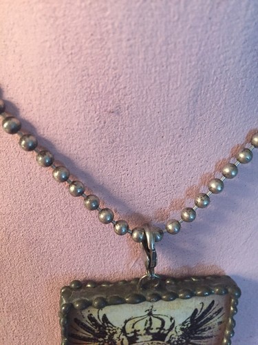 Soldered Glass Pendant Fleur de Lis Crown Wings Vintage Steampunk Necklace Goth