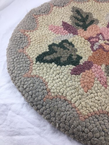 Vintage Hand Made Hooked Rug Seat Chair Pad Cushion Floral 14 1/2