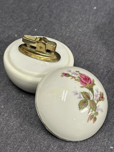 Rare Moss Rose Round Covered Cigarette Lighter, Gold Trim, 2