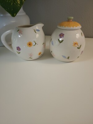 Russ Berrie Handpainted Sugar Bowl And Creamer  Sping Flowers Design. 
