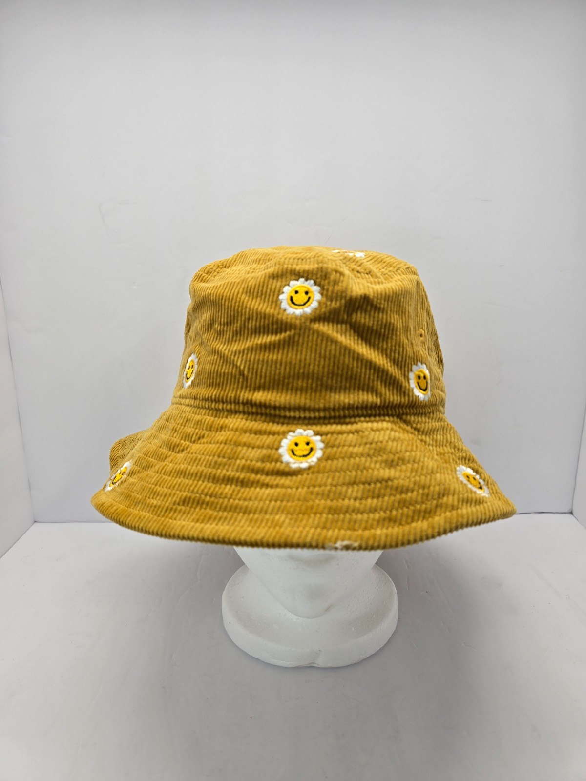 Mighty Fine Smiley Face Bucket Hat – Yellow Corduroy w/ Daisy Embroidery