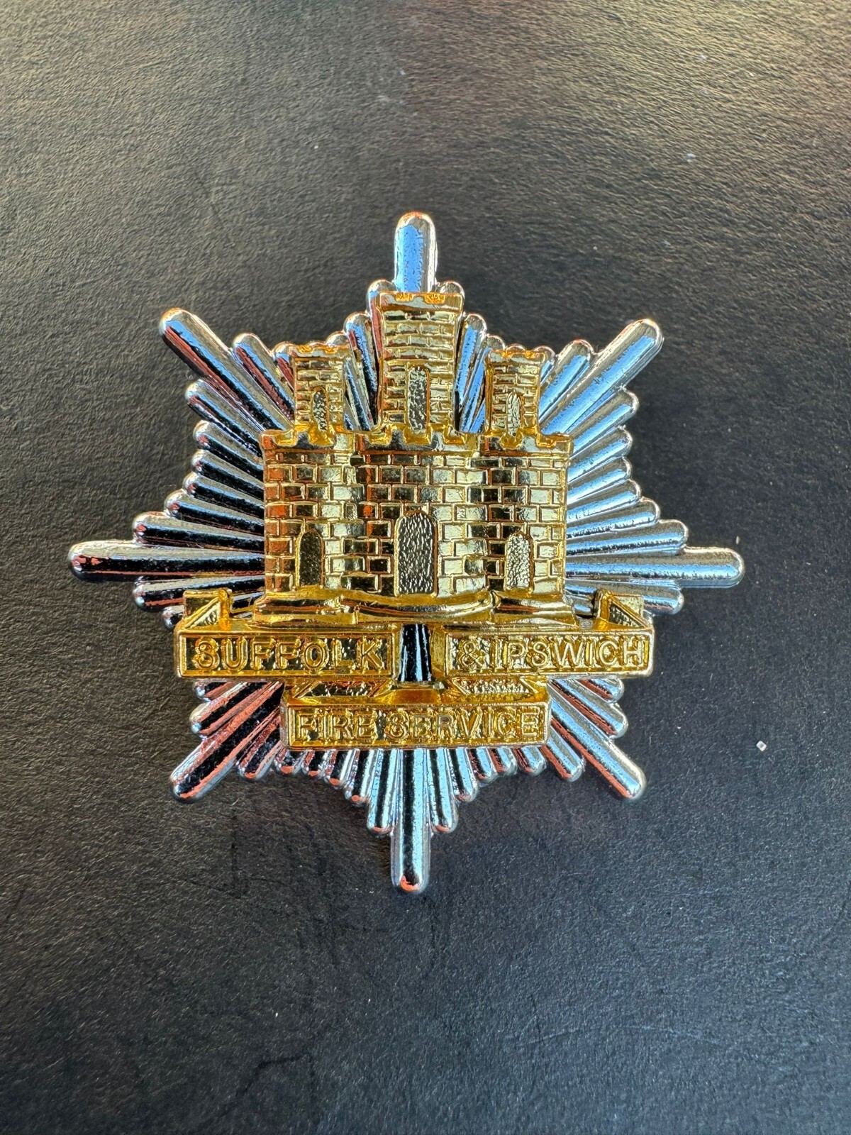 OBSOLETE Suffolk Fire Service Brigade Coat of Arms Gold Enamel Cap Hat Badge