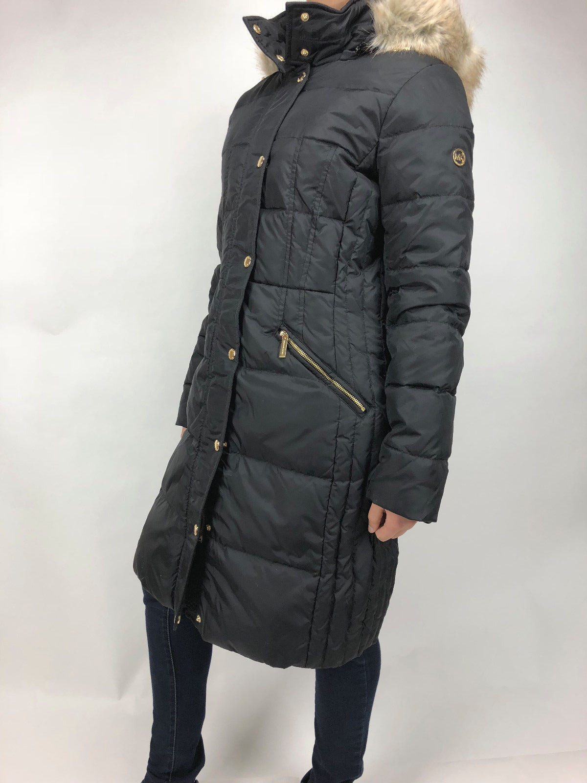 Pre-owned Michael Kors Womens  Down Puffer Jacket Bubble Coat Black Gold Faux Fur Trim Hood