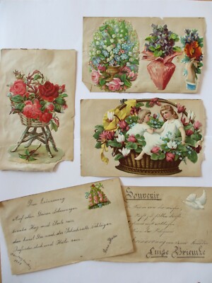 9 antike Oblaten Jugendstil um 1900 Kinder im Blumenkorb & Blumen (#P15)