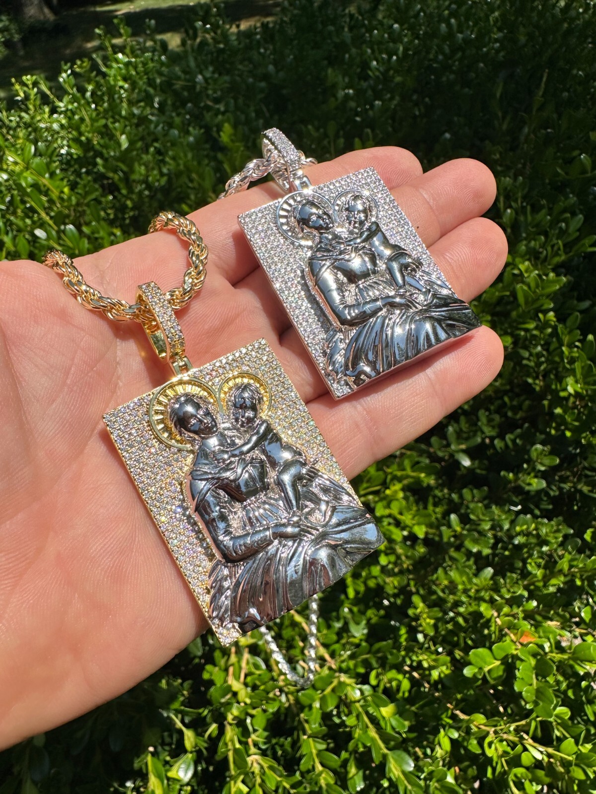 Pre-owned Harlembling Moissanite Virgin Mary Pendant Real 925 Silver Necklace Large 2.5" Ice Out Piece In White