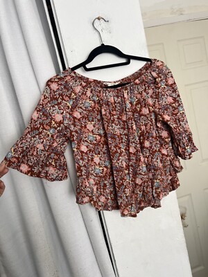 Vanilla Star Women Top Medium Brown Floral Cottage Short Bell Sleeves Blouse