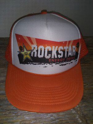 New RockStar Energy Drink Men's RS Star Logo Orange & White Puffy Trucker Hat
