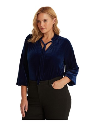 

RALPH LAUREN Женский темно-синий топ с рюшами и длинными рукавами и завязками на шее Wear To Work Plus, Navy