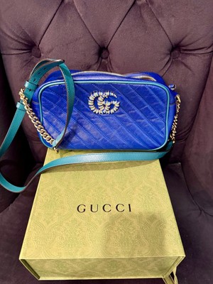 Gucci Marmot Gg Small Blue Shoulder Bag Green Handbag
