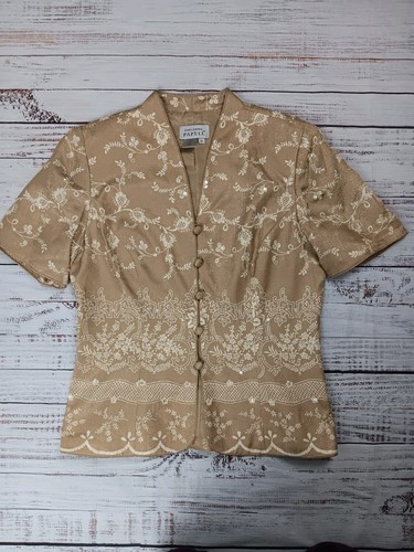 Adriana Papell Blazer Women’s 10 Tan Floral Buttons Shoulder Pads 100% Silk