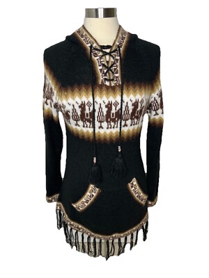 Alpaca Connection Sweater Women Sz L Tunic Black Alpaca Wool Blend Hooded Knit