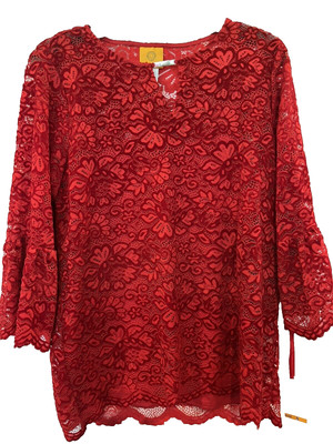 RUBY RD Womans Top Red Velvet Lace Crochet Accent Keyhole Opening Size Small New