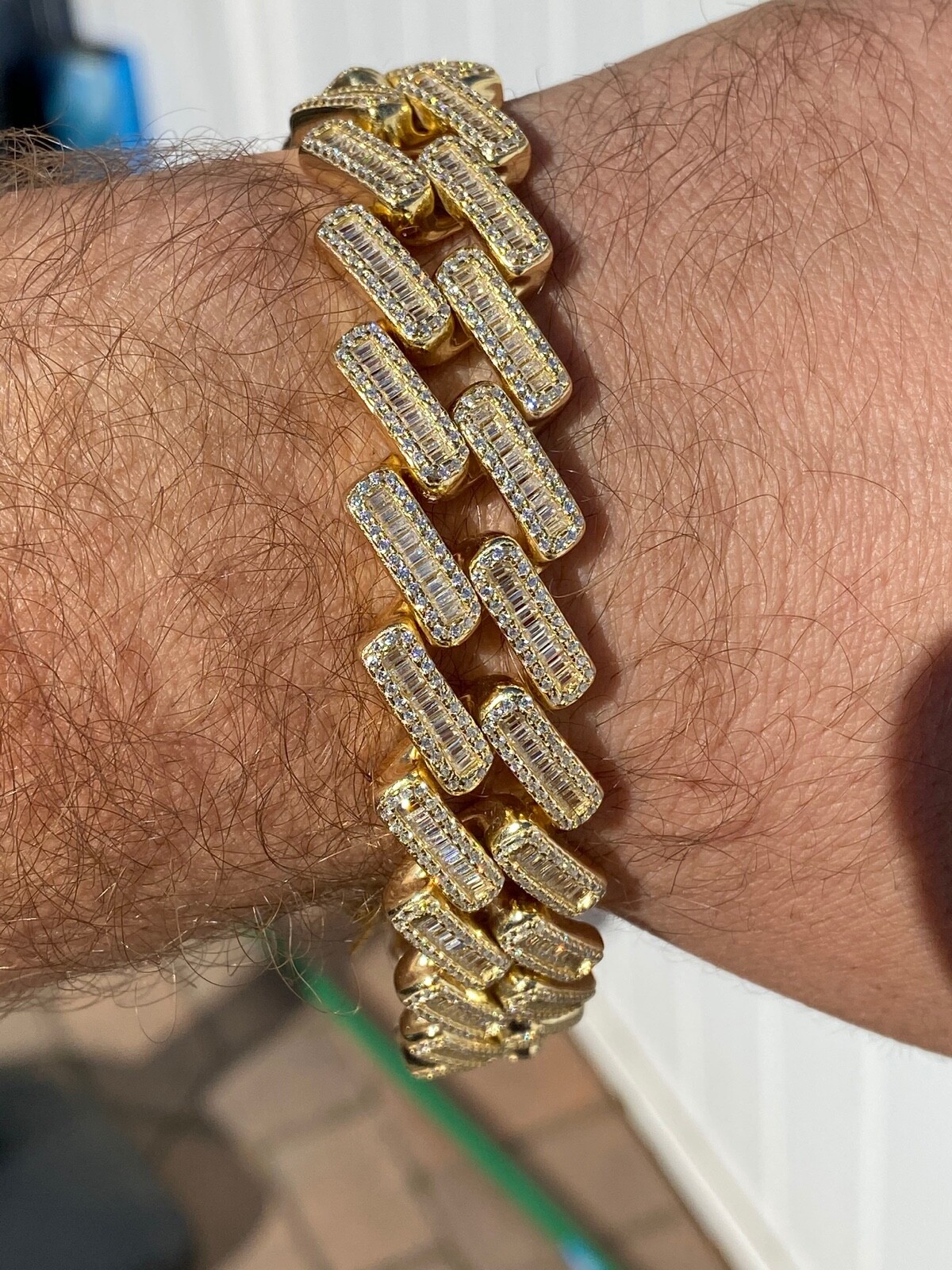 Pre-owned Silver 18mm Baguette Prong Cuban Bracelet Gold Plated Solid 925 Sterling  Cz In Yellow