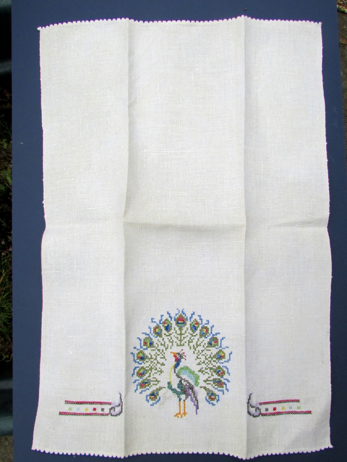 Vintage Linen Hand Towel, Embroidered Peacock, Fine Stitches - Now 25% Off!