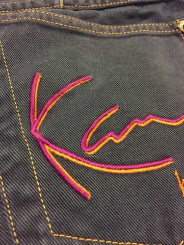 Vintage Karl Kani Jeans Shorts Blue Spell out Orange Purple Hip Hop Era 90’s 30