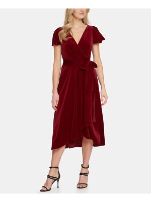 DKNY Womens Red Tie Velvet Flutter Sleeve Midi Evening Faux Wrap Dress 12