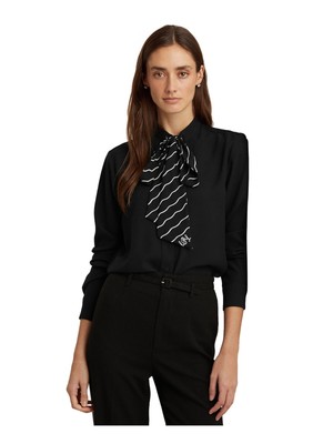 

RALPH LAUREN Женский черный топ с воротником и рукавами с манжетами для работы на пуговицах