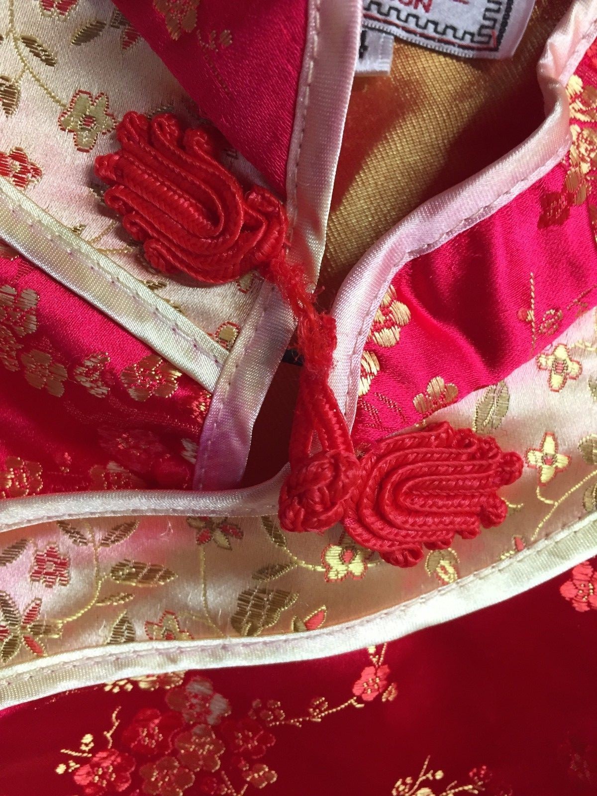 Ladies Size 14 Red & Gold Silk/Satin Chinese Blouse Floral Fringe Asian Style