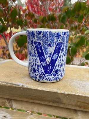 Anthropologie Folksong Monogram Letter V Blue/White Stoneware Mug-Hard to Find!