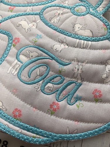 New Embroidered MUG RUG  Tea Pot With Easter Rabbits Print