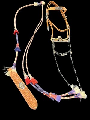 Eagle Themed Gold & Silver Inlay Bridle With Patriotic Hitched Horsehair Reins