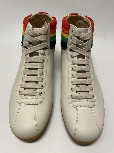 Pre-owned Gucci Men's Rainbow Collar Leather High-top Sneakers Cream Size 10 Us In White