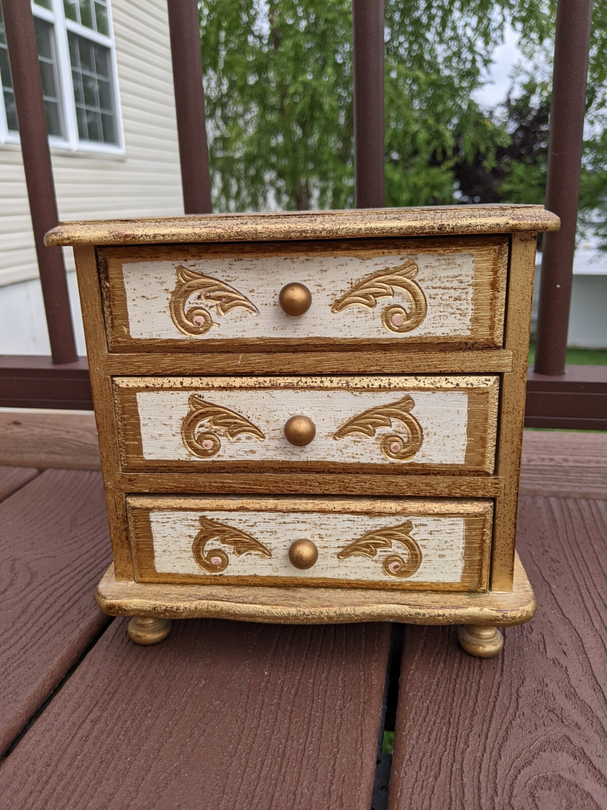 Vtg Gold Wooden 3 Drawer Musical Jewelry Box 💍Toyo Made
