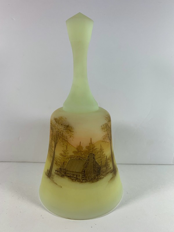 Download FENTON LOG CABIN ON CUSTARD SATIN HAND PAINTED BELL Artist V. Gherke | eBay