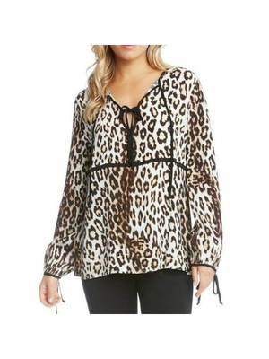 Женский бежевый блузон с галстуком-бабочкой и животным принтом KAREN KANE в крестьянском стиле с разрезными рукавами S