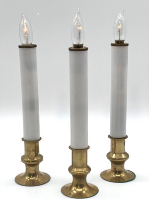 Lot of 3 vtg battery powered candlesticks, brass holder, minimalist style EUC