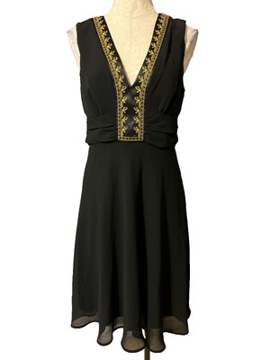 Connected Dress Black Gold 12 Embroidered Trim Party Washable Flowy A Line New