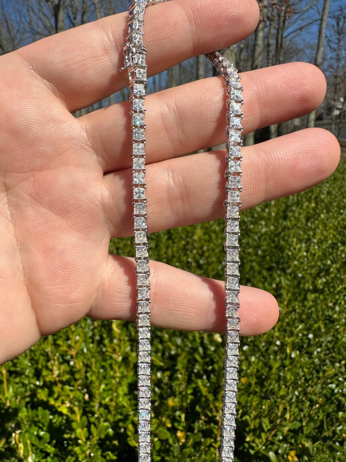 Pre-owned Harlembling Real 3mm Moissanite Princess Cut Square Tennis Chain Necklace 925 Silver Hip Hop