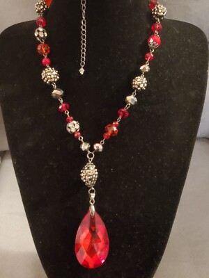 Huge Red Rhinestone & Black Bead Lariat Necklace Reversible Pendant Goth Colors