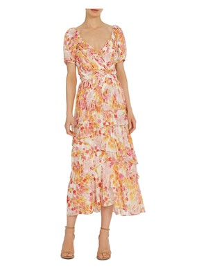 

Monique Lhuillier Женское розовое вечернее платье с короткими рукавами чайной длины + расклешенное платье, Розовый