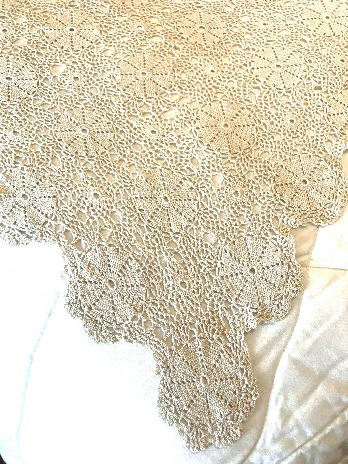 Vintage Lacy Crocheted Ecru Beige Table Cloth Circles & Medallions HM 66