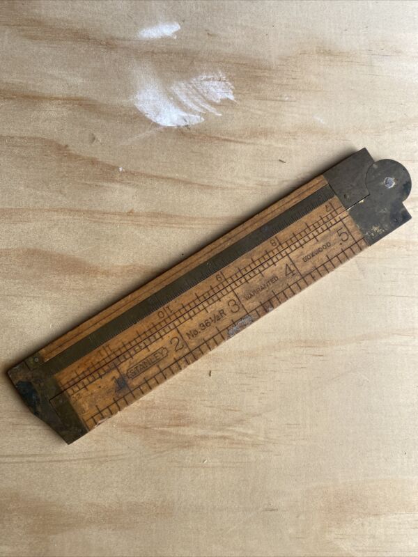 Vintage Stanley Boxwood & Brass Folding Rule Ruler No 36 1/2 L 12" with Caliper