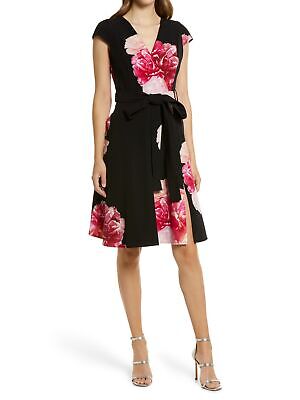 BLACK HALO Женское черное платье с завязками на талии и короткими рукавами выше колена + расклешенное платье 10