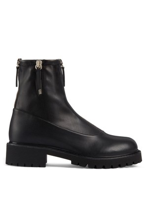 

GIUSEPPE ZANOTTI Женские черные кожаные ботильоны Nero на массивном каблуке Saky с круглым носком, Черный, I070016A