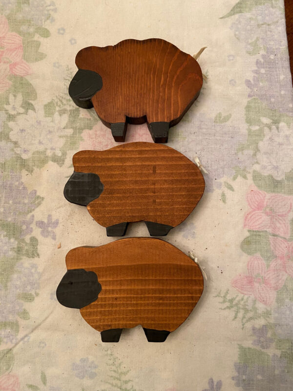 3 Handmade Wooden Sheep Figures 4.75 x 3.5 in