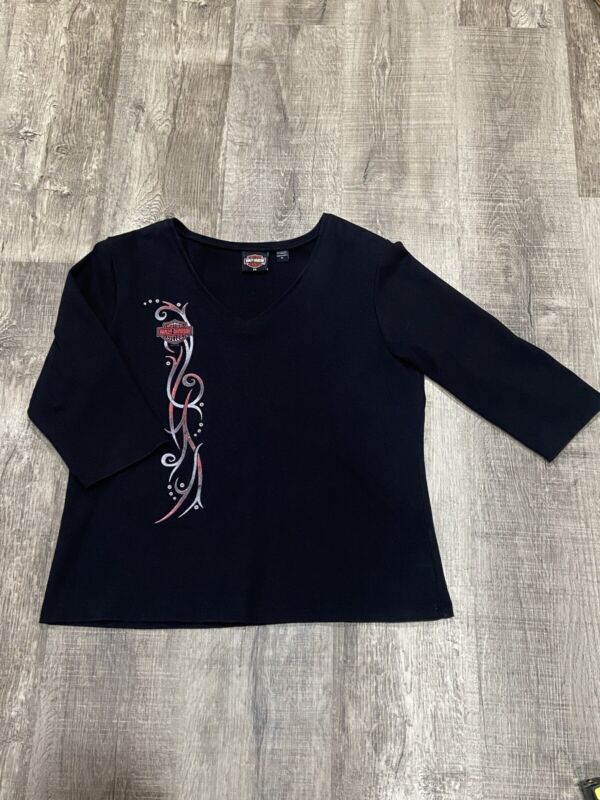Harley Davidson Women'S Black Graphic V-Neck 3/4 Sleeve T-Shirt Size 2x