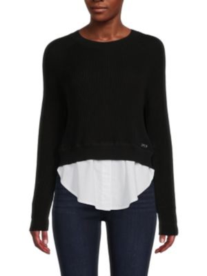 

DKNY Womens Black Sheer Twofer Logo Hardware Long Sleeve Crew Neck Sweater, Черный