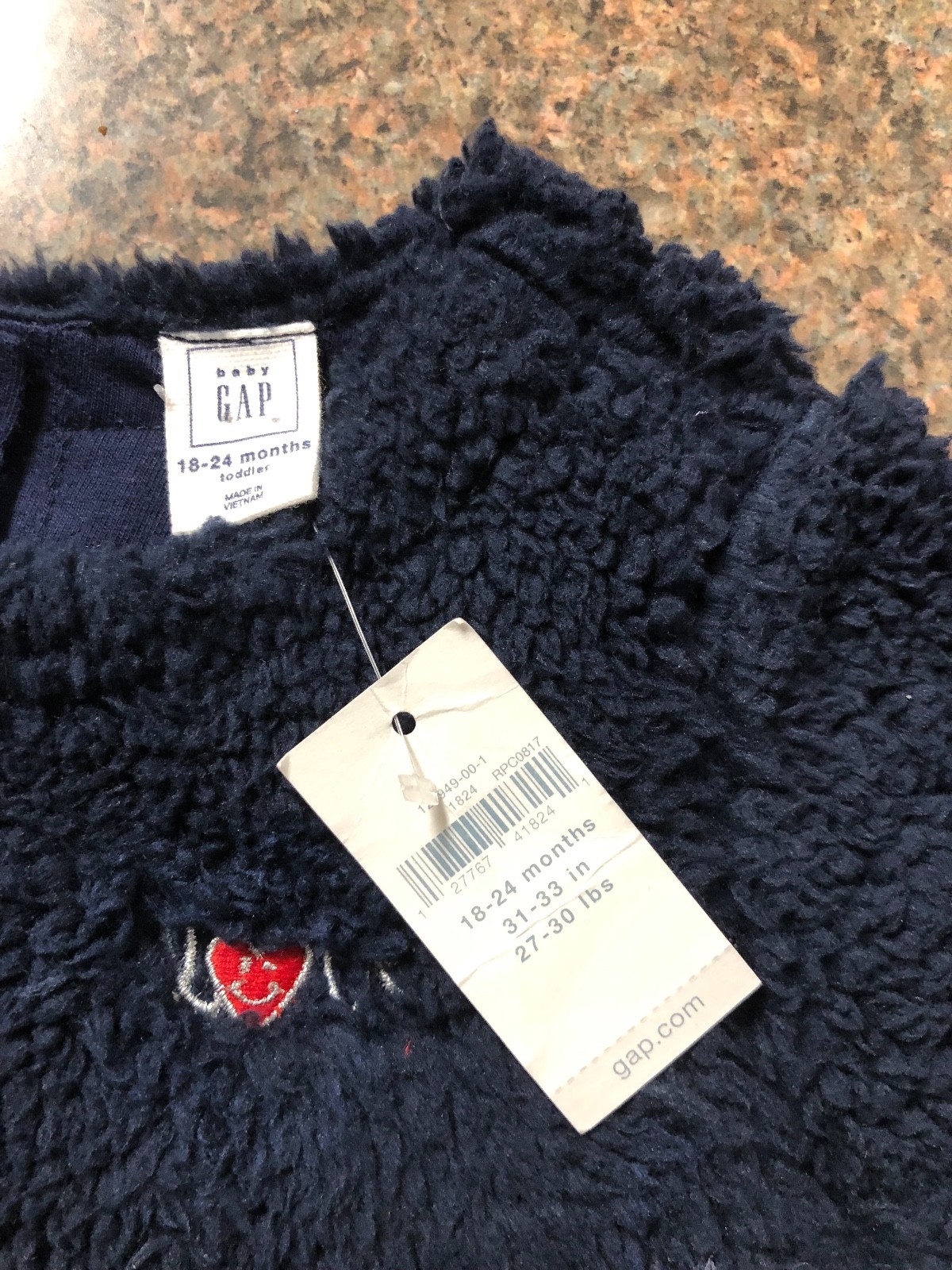Navy Blue Fleece Baby Gap with pockets, Love embroidered with Red heart