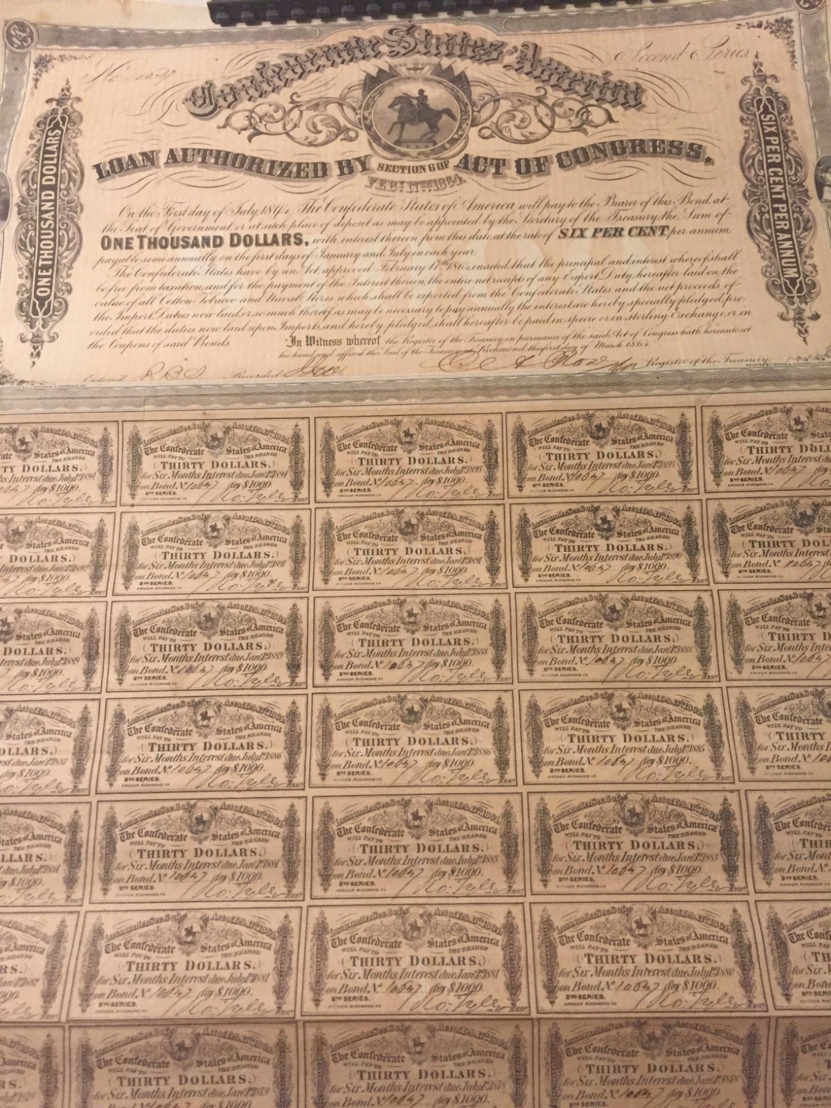 Feb 17 1864 $1,000 Confederate States of America Bond, 60 of 60 Coupons Attached