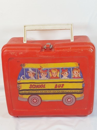 Vintage 90's Rare School bus Red Plastic Lunch Box With Thermos