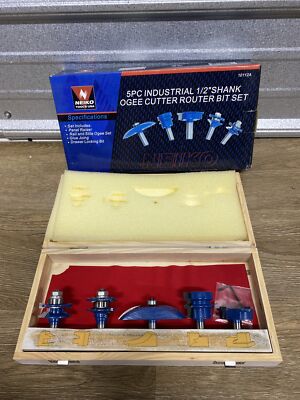 Neiko Tools 5pc Industrial 1/2'' Shank OGEE Cutter Router Bit Set in Wood Case
