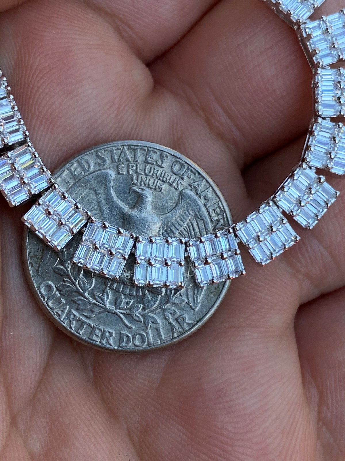 Pre-owned Silver Solid 925 Sterling  Baguette Tennis Chain Iced Cz Necklace 5mm Hip Hop
