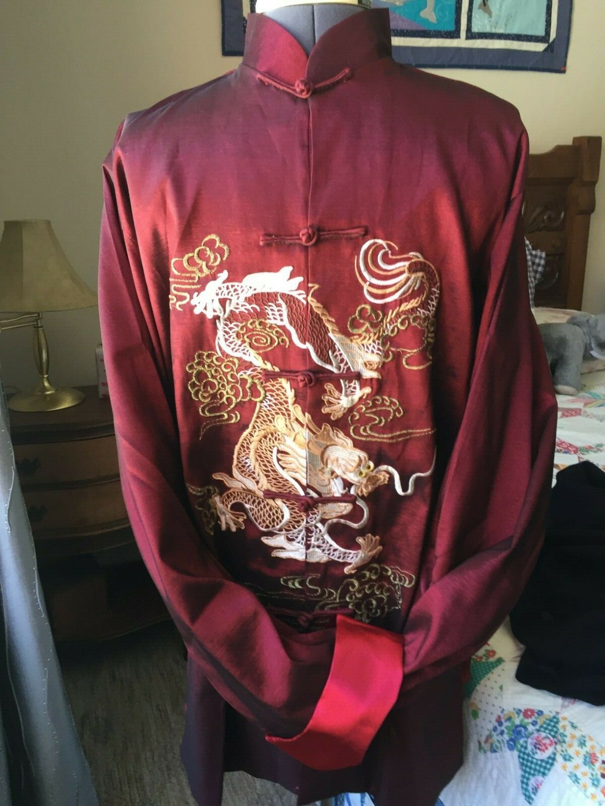 Vintage Asian Embroidered Dragon Smoking Jacket Red Satin XL FAST SHIPPING!