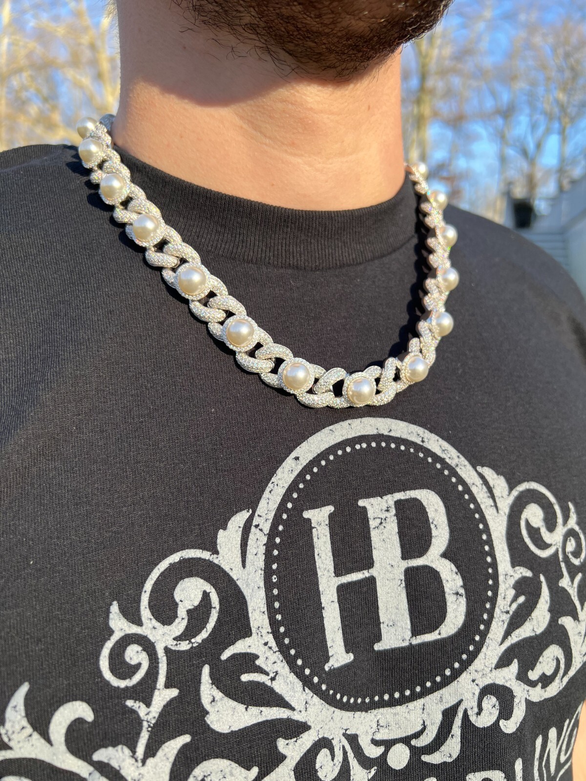 Pre-owned Harlembling Mens Ladies Hip Hop Iced Moissanite Infinity Link 15mm Necklace W. Pearl 14-24" In Silver