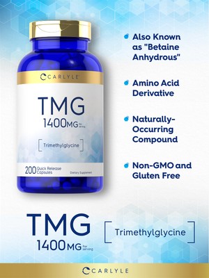 TMG Supplement 1400mg | 200 Caplets | Trimethylglycine | Non-GMO | by Carlyle