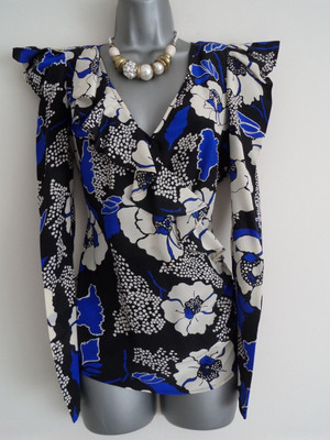 OASIS BLACK BLUE & CREAM 100% SILK FLORAL LONG SLEEVE BLOUSE SIZE 8